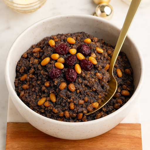 Bowl of mincemeat with a gold spoon on a wooden board, Christmas decorations in the background.