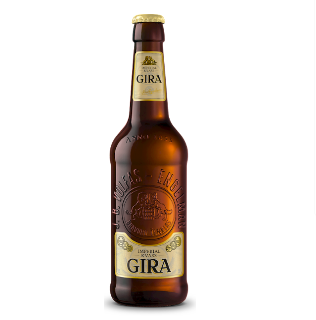 A glass bottle of GIRA VOLFAS ENGELMAN IMPERIAL KVASS beer with a label displaying the brand name and 'Lithuania'.