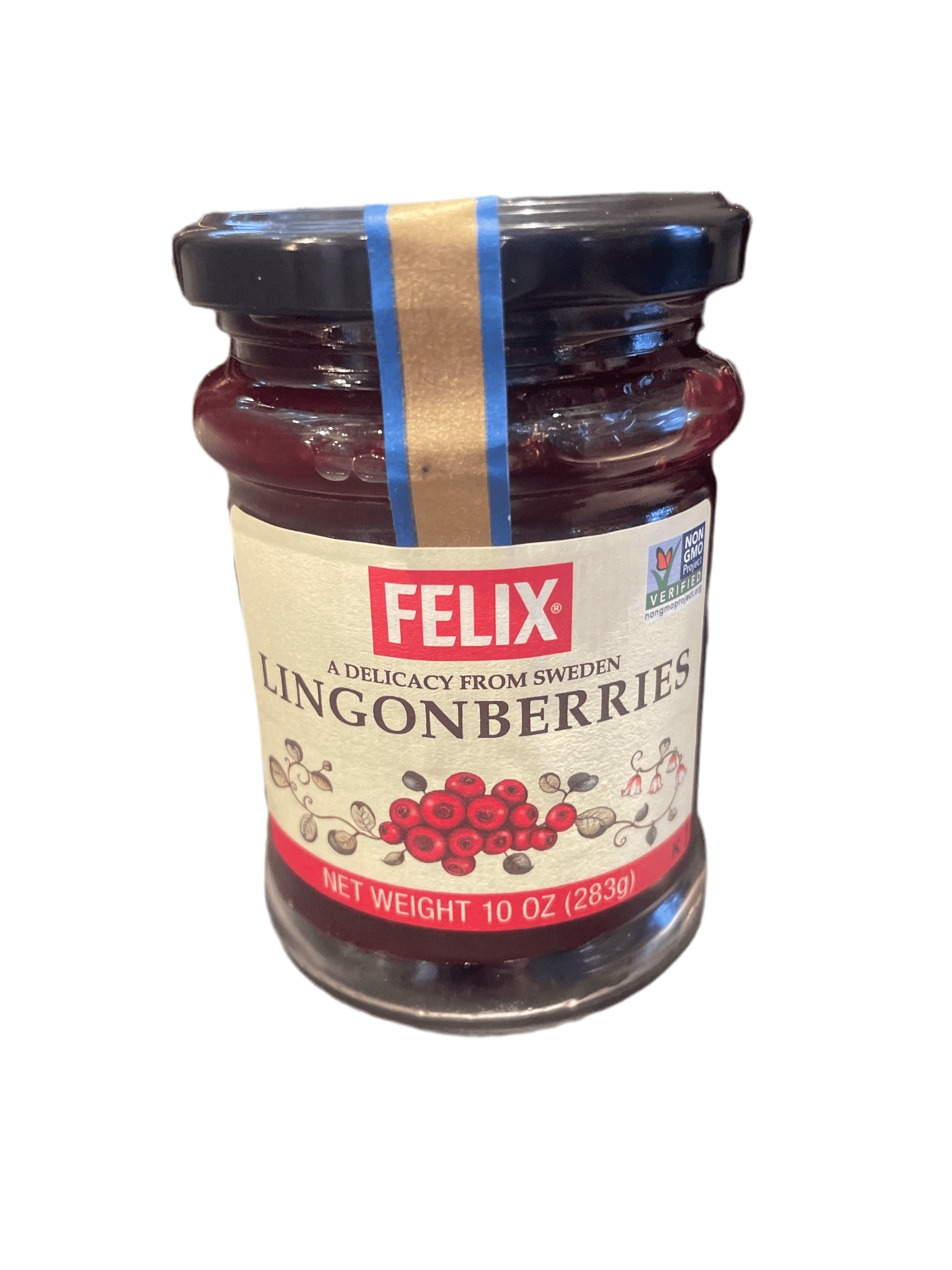 A jar of Felix Lingonberries brand jam, with a blue and gold decorative label on top, indicating it is a product from Sweden.