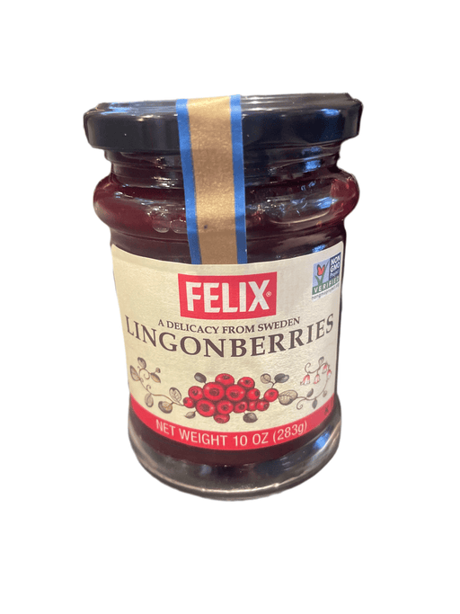 A jar of Felix Lingonberries brand jam, with a blue and gold decorative label on top, indicating it is a product from Sweden.