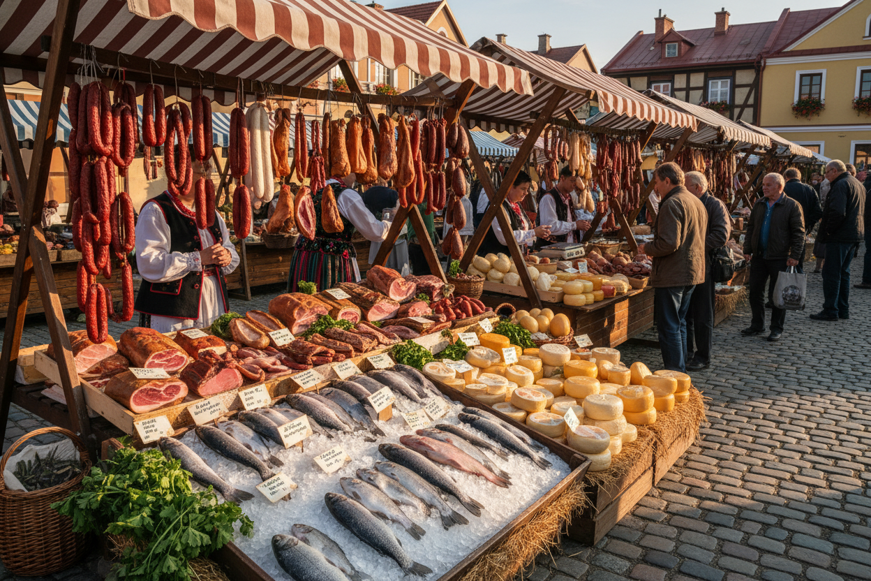 Meat, fish and cheese Poland village market