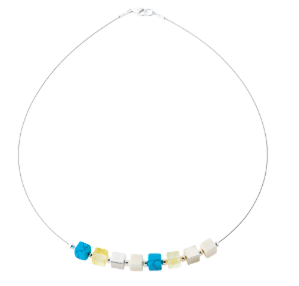 A necklace with turquoise, amber and silver cubes