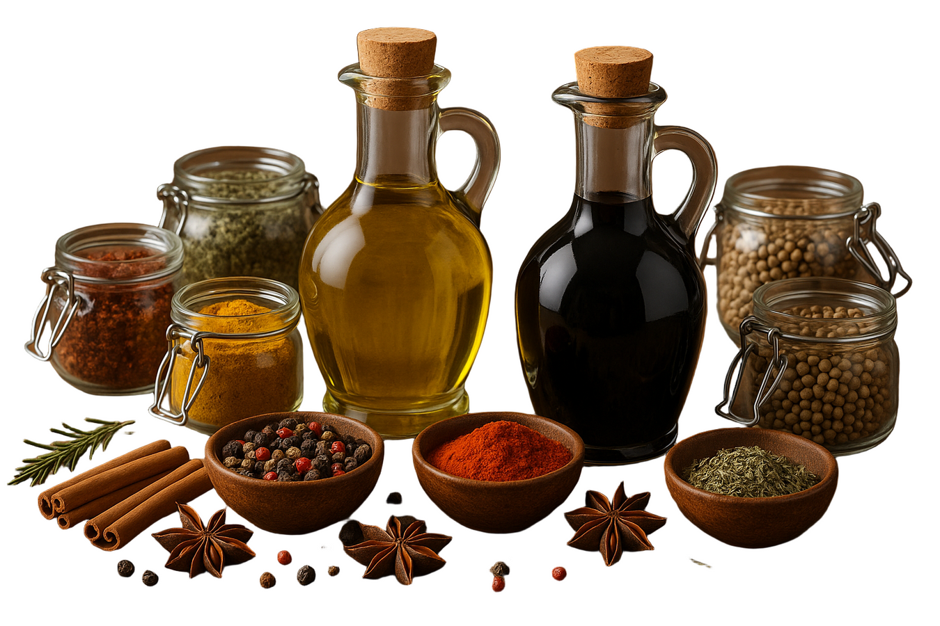Spices and oils on a wooden surface with a brown background