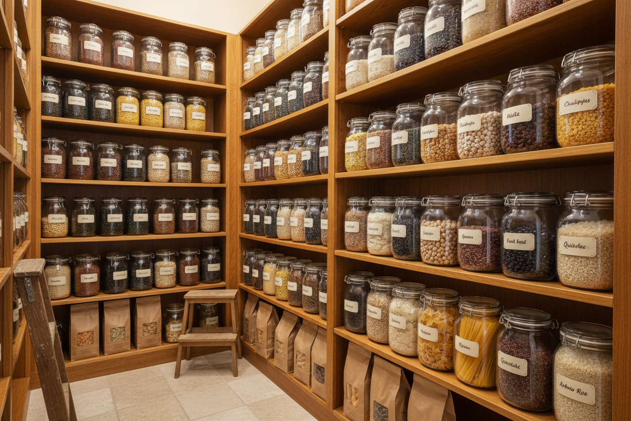 shelfs full of bags with different pasta and jars of different grains and beans and peas