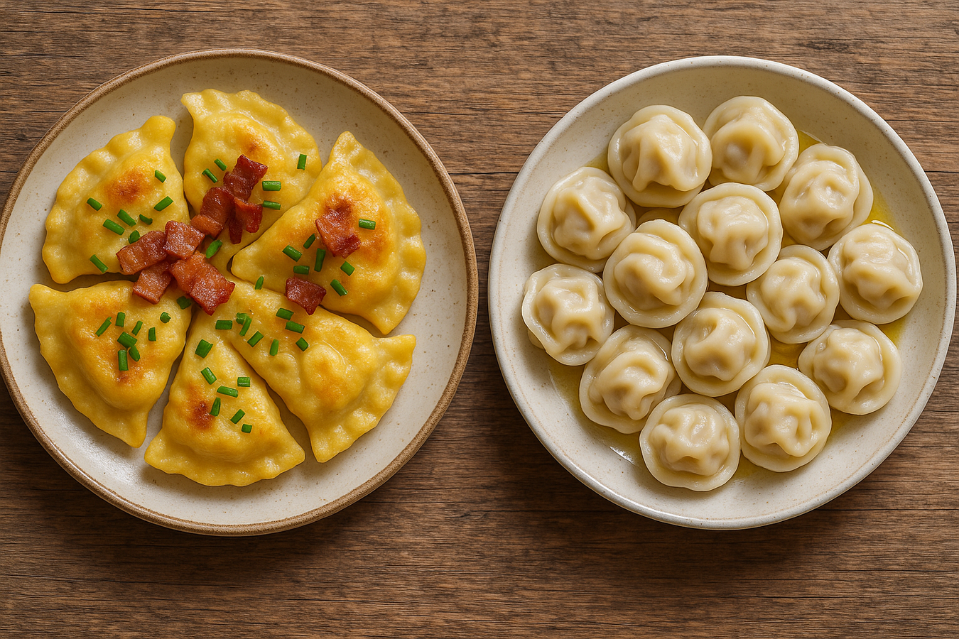 Plate Pierogi with cives and bacon toping and another one plate full of Pelmeni  with butter