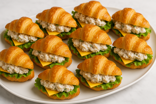 Platter of Mini French croissants with our homemade chicken salad, American cheese and lettuce.

