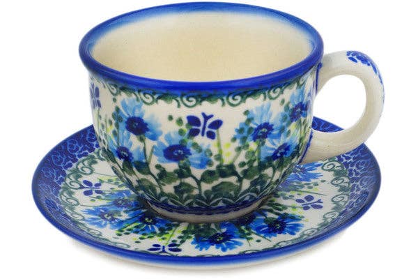 Cup with Saucer Fresh Flora Theme, polish pottery Boleslawiec