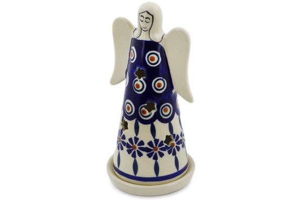 Candle Holder 6" Peacock Theme, polish pottery Boleslawiec