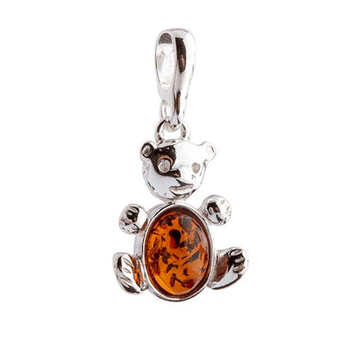 Silver pendant with amber stone on a white background, branded 'Amber-Ring'.