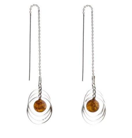 Original Baltic amber ball and circle earrings hanging on a silver chain