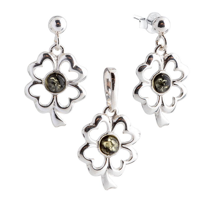 A set of 925 silver and Baltic amber hanging earrings and a flower pendant