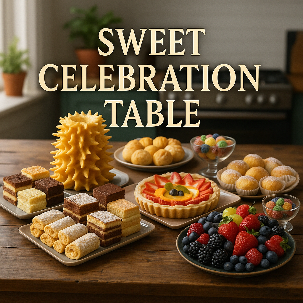 European dessert table featuring šakotis cake, layered pastries, fruit tart and cream puffs, catered by European Food & Gifts in Gurnee, Illinois.